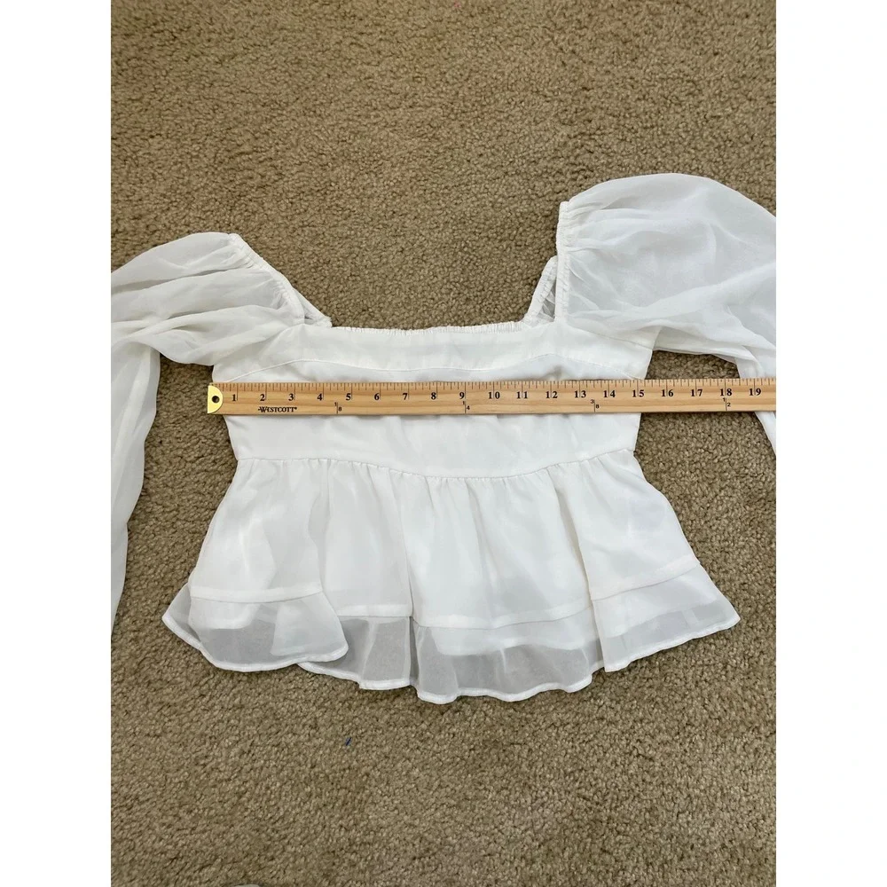 Y2K Abercrombie Fitch White Square Neck Smocked Peplum Sheer Sleeve Top Women